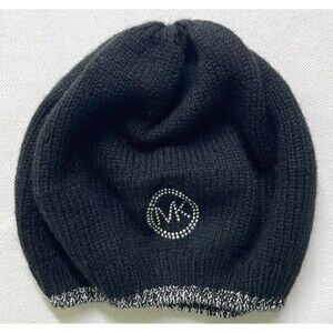 MICHAEL Michael Kors Black Silver Rhinestone MK Logo Slouch Knit Beanie Hat OS